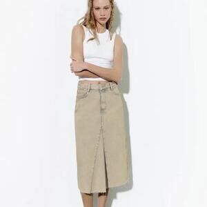 Zara Women's Beige Overdyed Frayed Denim Boho Mid Rise A-line Midi Skirt Large